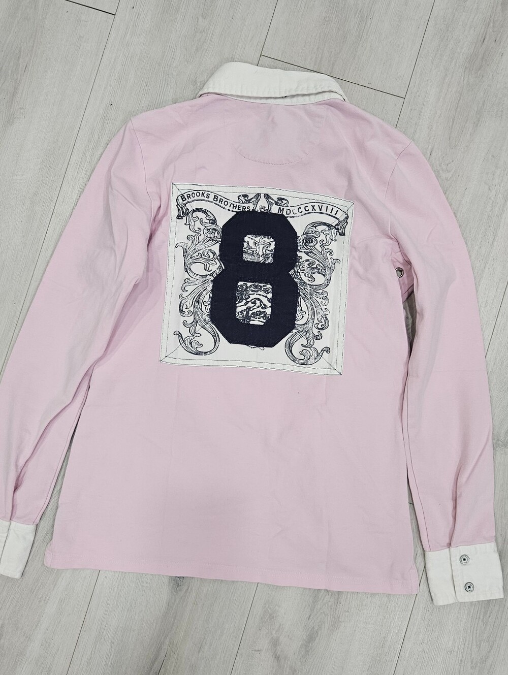 Brooks Brothers Pink Rugby Polo L/S Blue Number 8 Applique Back Button Cuffs S